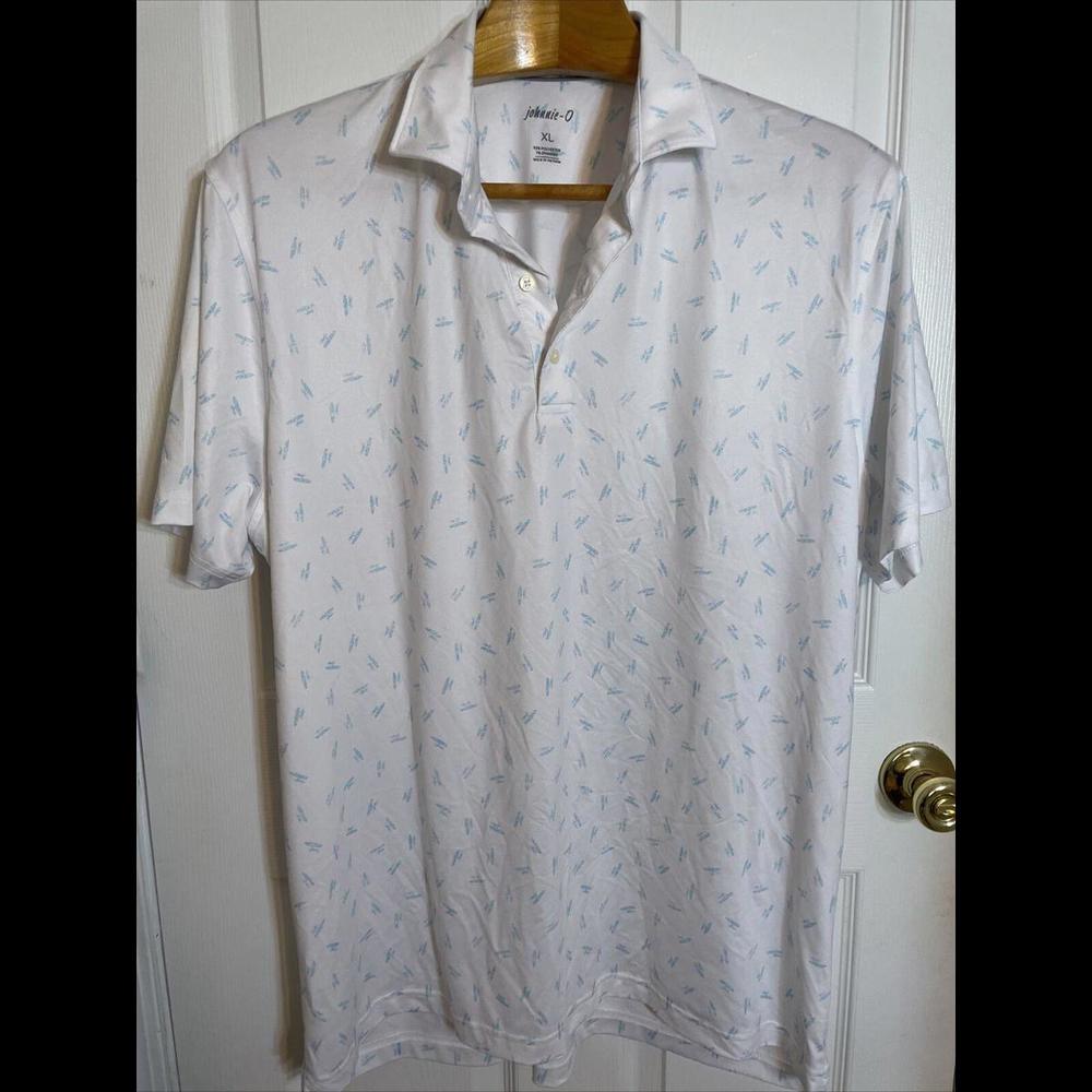 Johnnie O Men's White Golf Polo Shirt Surfer Surfboard Pattern Print Sz XL